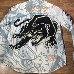 Christian Audigier Ed Hardy Mens Blue Black Panther Button Shirt Size M Medium